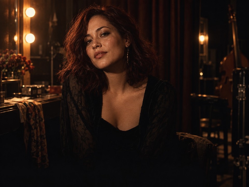 AI-generated artist artwork of the fictional soul vocalist Kat Halloway backstage before a performance