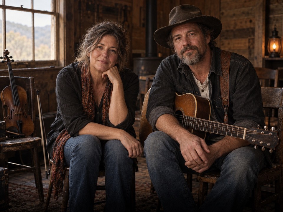 AI-generated artist artwork of the fictional folk-gospel duo Ruth and Lucky in a wooden rehearsal room