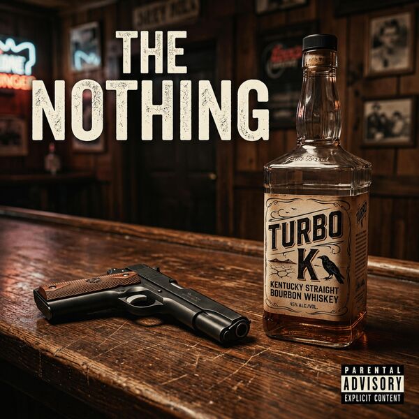 The Nothing single cover with Turbo K lettering on a bottle beside a handgun on a bar