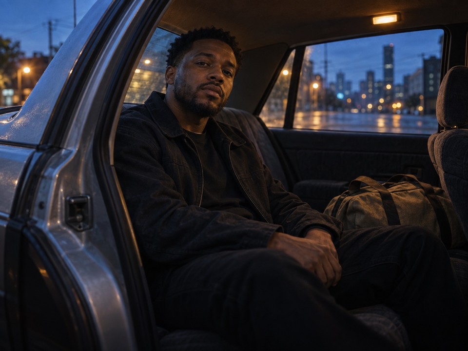 AI-generated artist artwork of the fictional soul hip-hop artist Trey Mercy seated in a car at blue hour