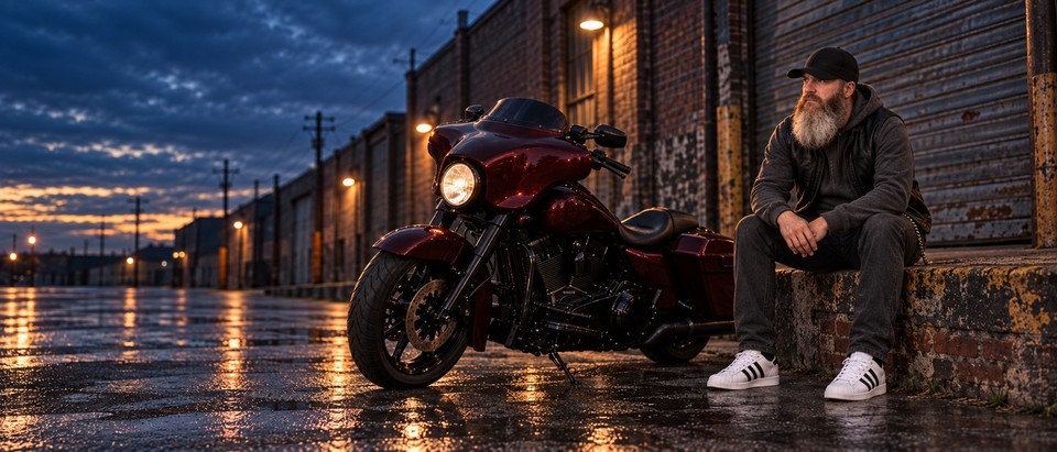 AI-generated artist artwork of Turbo K seated beside a motorcycle outside a brick warehouse at dusk